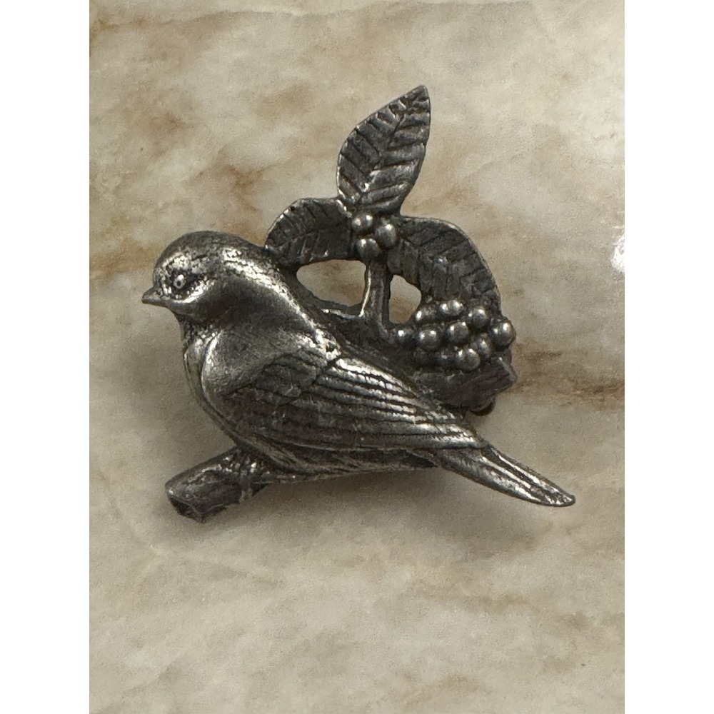 Vintage Birds & Blooms 2002 Brooch Pin Sparrow & Berry Pewter Tone Dainty